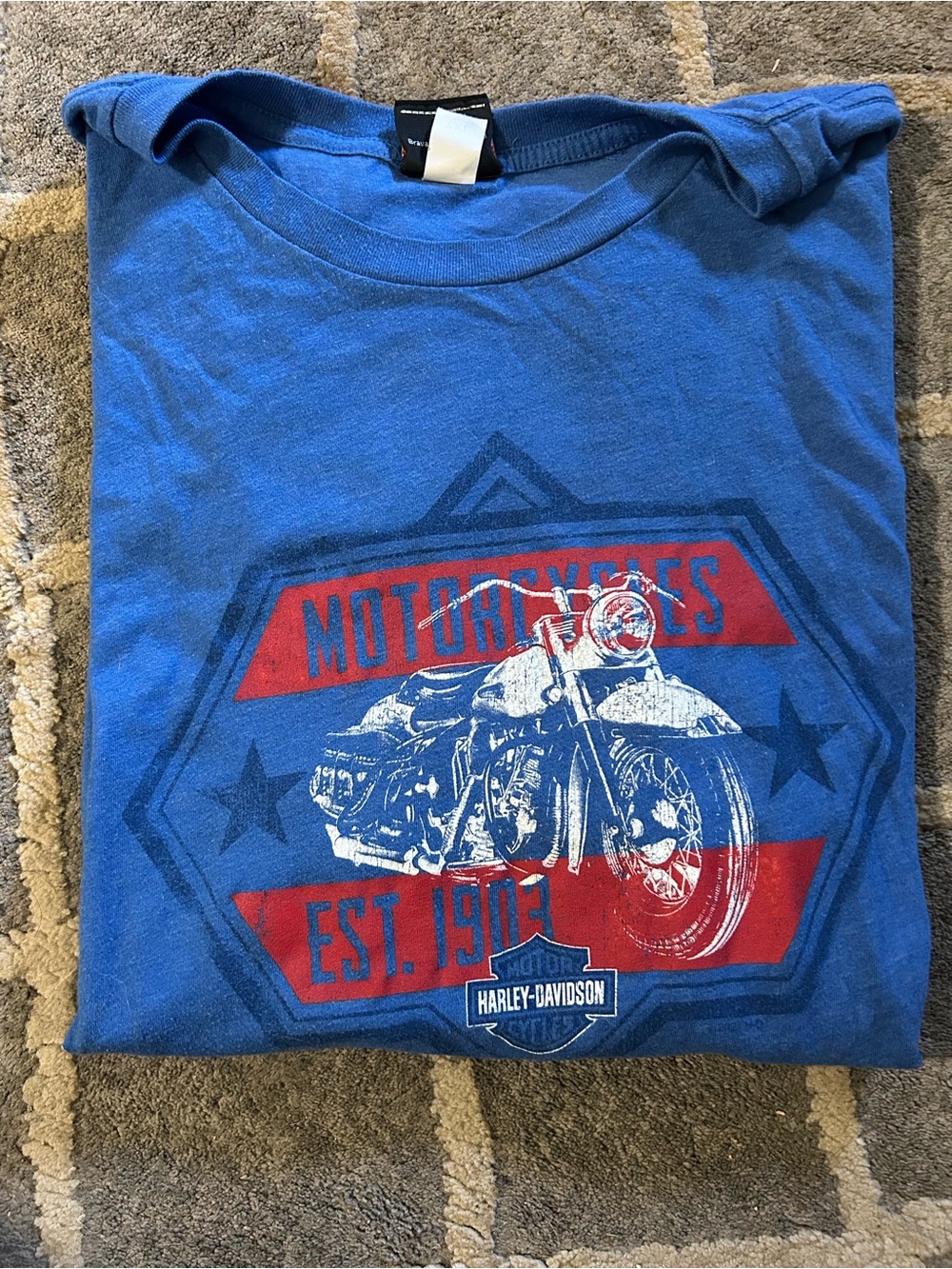 Harley-Davidson Blue Tee with Red and White Lettering